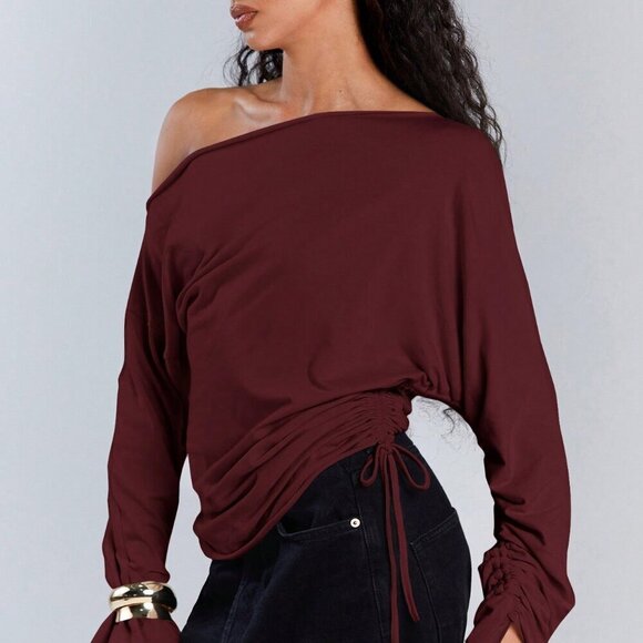 burgundy Casual Women's Asymmetric Collar Drawstring Top - Picture 2 of 7